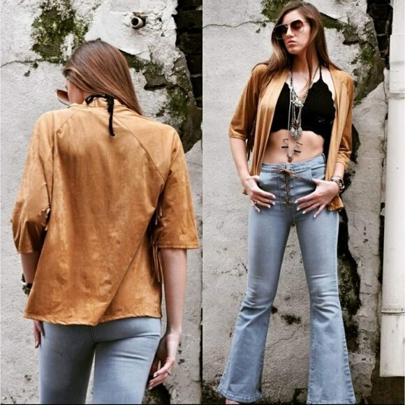 Ginger G fringed butter soft suede cardigan camel tan - Picture 1 of 5